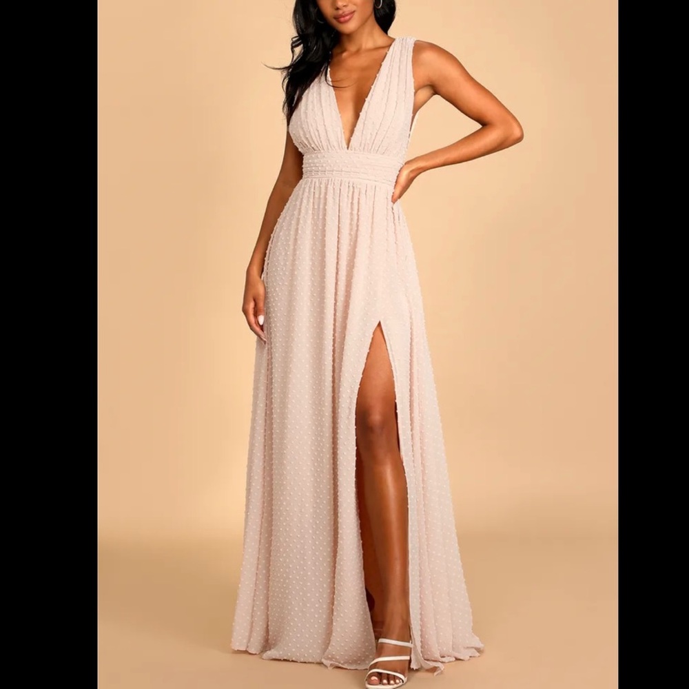 NWT Lulus Wonderful Occasion True Blush Swiss Dot Sleeveless Maxi Dress, Medium